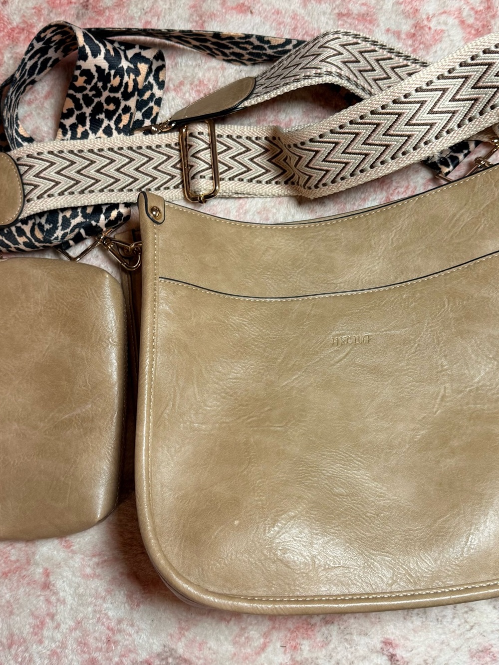 Beige Crossbody Shoulder Bag with 2 straps and mini pouch